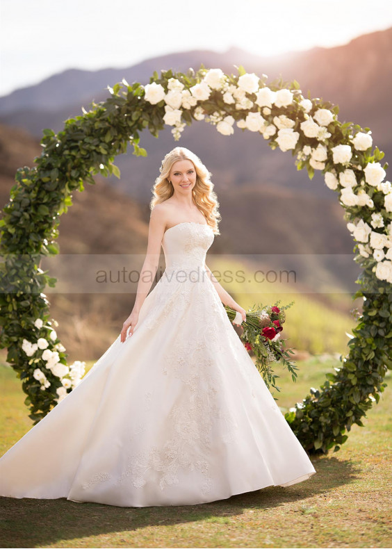 Strapless Curved Neck Beaded Ivory Satin Lace Open Back Wedding Dress Strapless Curved Neck Beaded Ivory Satin Lace Open Back Wedding Dress